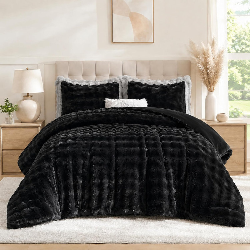 Fluffy Comforter Set Ultra Soft & Warm Faux Fur Comforter With Pillowcases For Winter, Black