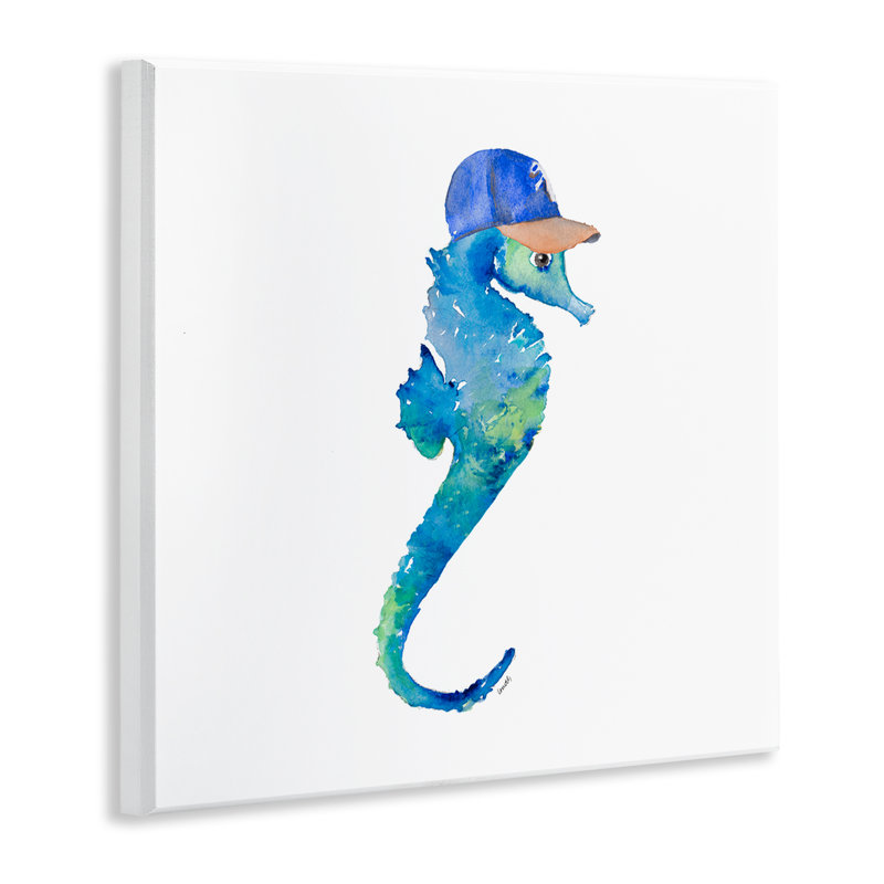 «Blue Seahorse in Hat», art mural sur bois par Lanie Loreth