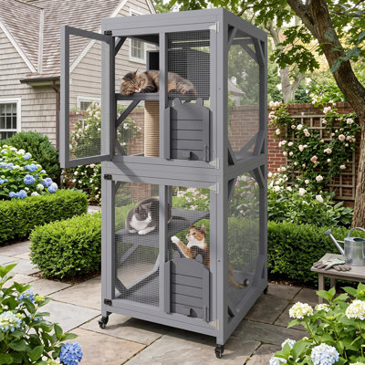 68" Wooden Catio Outdoor Cat Enclosure, Waterproof Asphalt Roof, with Window, Bridge & Scratching Post, Grey