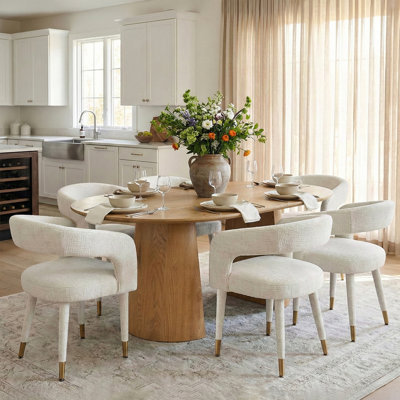46"-83" Modern Extendable Pedestal Dining Table Set With Upholstered Open-Back Chairs, Round To Oval Kitchen Dining Set For 4-8