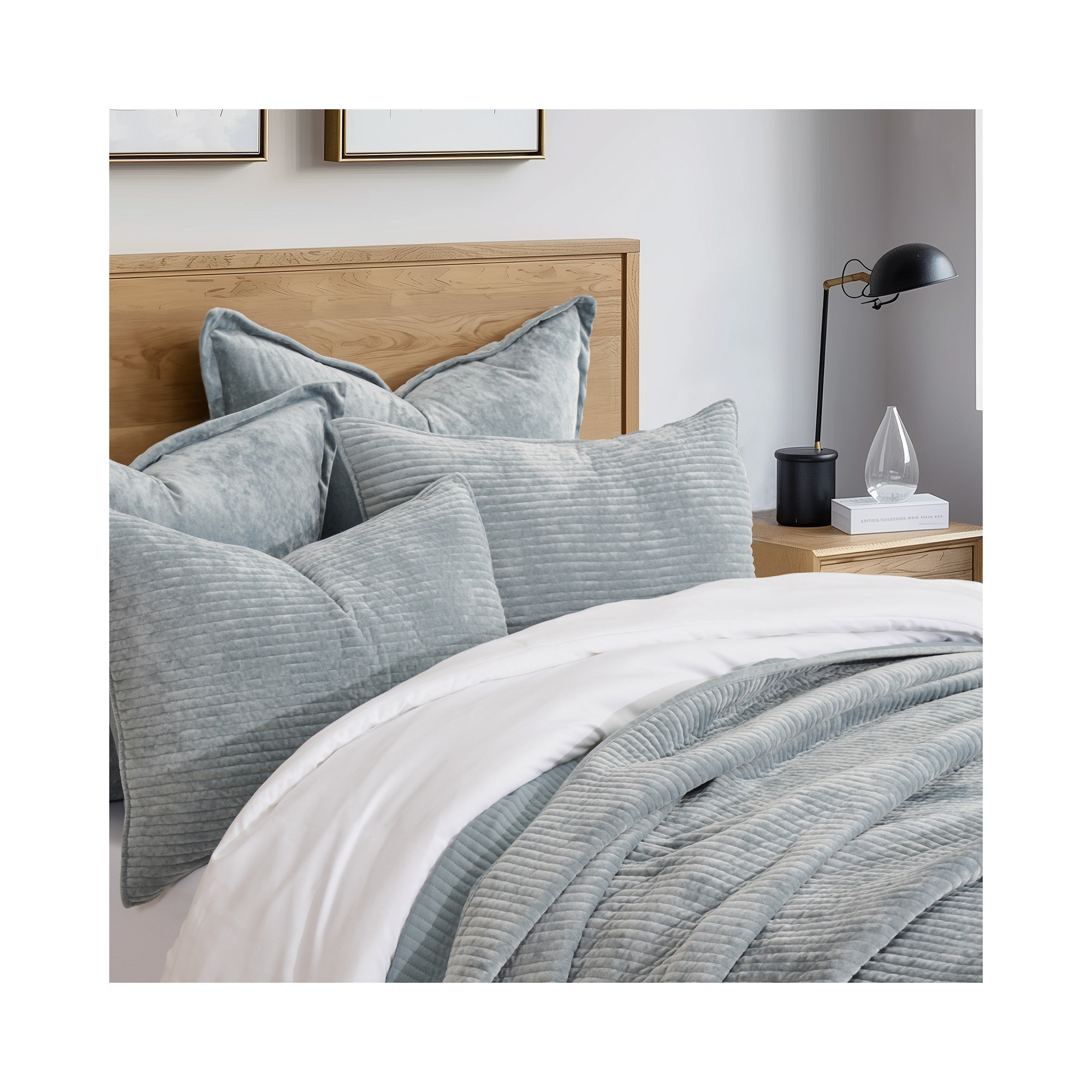 Striped Channel Velvet Quilt Set, Blue Linen, Queen