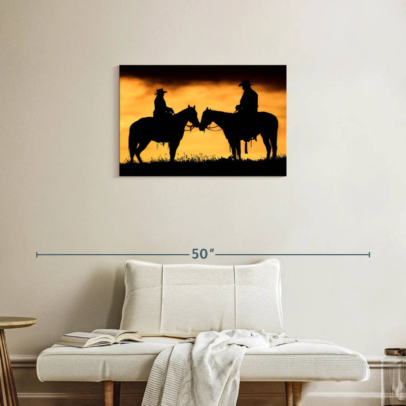 Lelar Cowboy et Cowgirl sur leurs chevaux au coucher du soleil, H 20 po x l 30 po