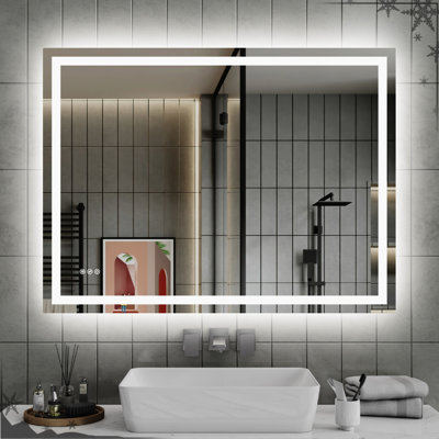 Miroir de salle de bain 48 po x 36 po à DEL à intensité variable avec température de couleur, revêtement, capteur tactile, salle de bain rectangulaire de style moderne à éclairage frontal, mémoire de luminosité, bris, brouillard, imperméable à