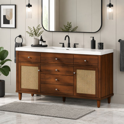 Meuble-lavabo de 60 po avec lavabo SMC, grande armoire de rangement moderne avec tiroirs à fermeture en douceur et portes en rotin, poignées en métal argenté et 5 pieds en pin