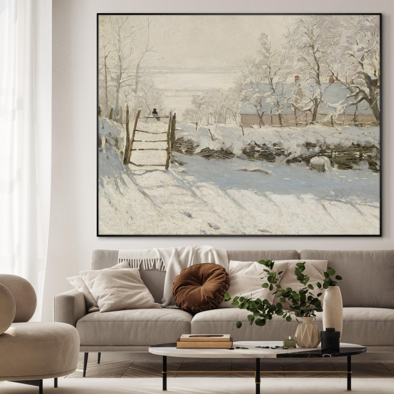 Paysage enneigé avec maisons et arbres, hiver classique, décoration murale très grande impression encadrée (assemblage requis)