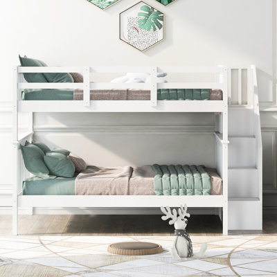 Lit superposé pour escalier avec rangement et garde-corps blanc pour chambre à coucher, pin, tablettes, lit sans ressorts, chambre à coucher, structure solide, escalier sécuritaire, conception séparable