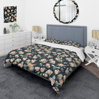 Pink Flowers And Birds Floral Duvet Cover