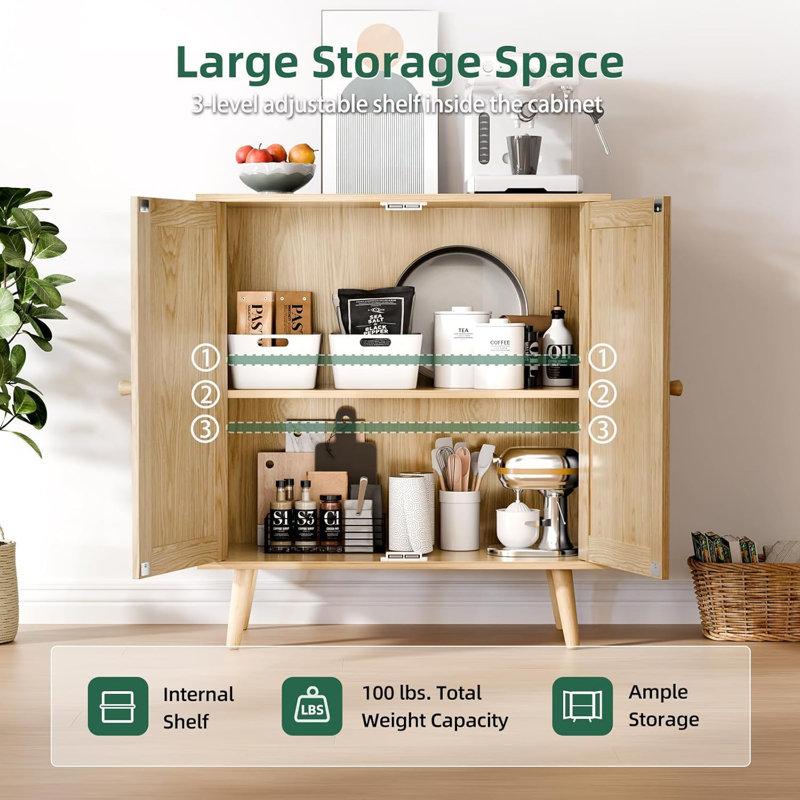 Ensemble de 2 buffets en rotin, ensemble de 2 armoires en bois avec portes et tablettes réglables pour la cuisine et le vestibule, chêne