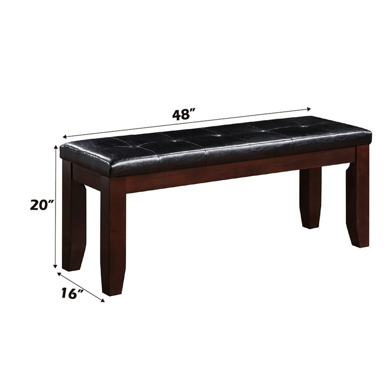 48 pouces de large, finition cerise, banc de salle à manger, siège rembourré en cuir de polyuréthane noir, embellissement, large banc de finition profonde de 16 pouces de profondeur avec siège rembourré en synthétique et fonction pour