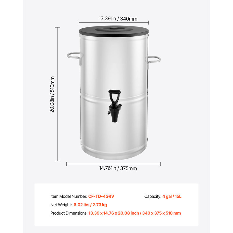 Distributeur de thé glacé 4 gallons / 15 L pour jus de thé glacé café en acier inoxydable 304