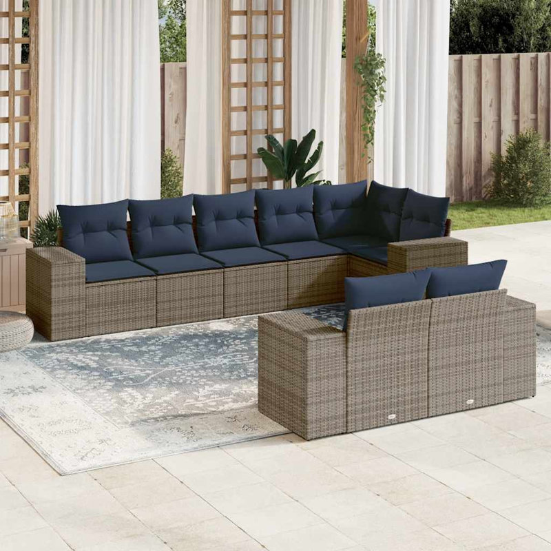  8 Piece Patio Sofa Set With Cushions Gray Poly Rattan, Gray, Navy Blue