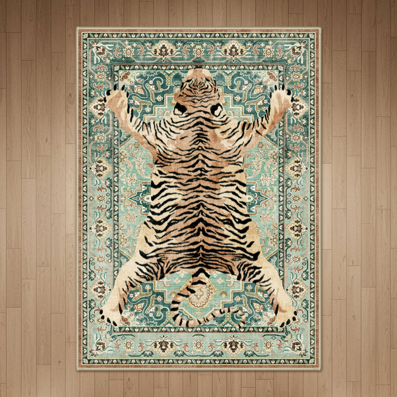 Veatrice Zephyr Tiger Print Turquoise Machine Washable Non-Slip Area Rug, Rectangle 9' x 12'