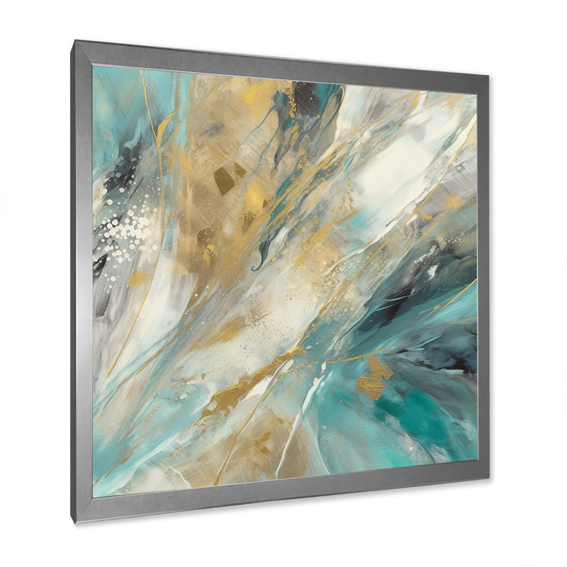 Turquoise Serendipity, peinture abstraite I - peinture abstraite sur toile, H 16 po x l 16 po, Cadre photo argenté