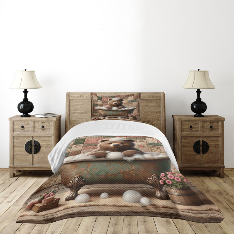 Rustic Twin Blue Quilted Bedspread Set with Bear Design