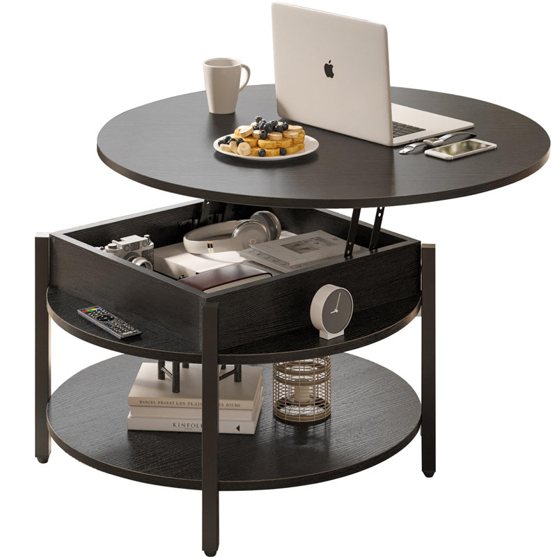 Black Round Wood Lift-Top Coffee Table with Storage