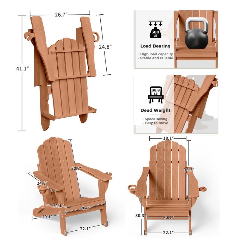 HDPE Adirondack Foldable Chair Wood Texture With Cup Holder(Set Of 6), Teak