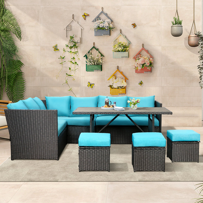Hinesville 7 Piece Rattan Lounge Dining with Cushions, Black Frame/Blue Cushion