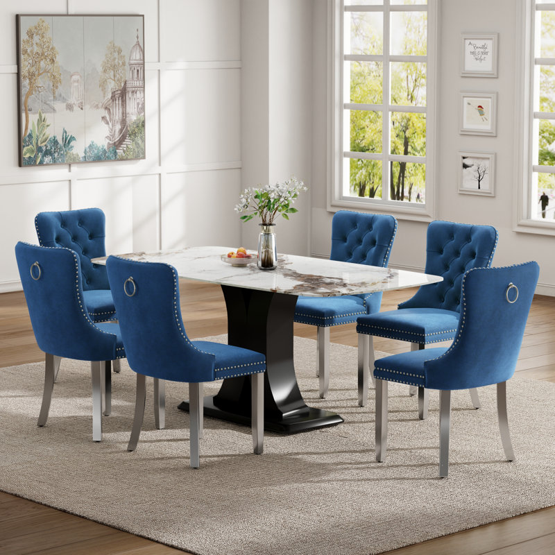 Ensemble de salle à manger Duvall Mid-Century, 7 Pieces: Table, 6 Chairs, Blue