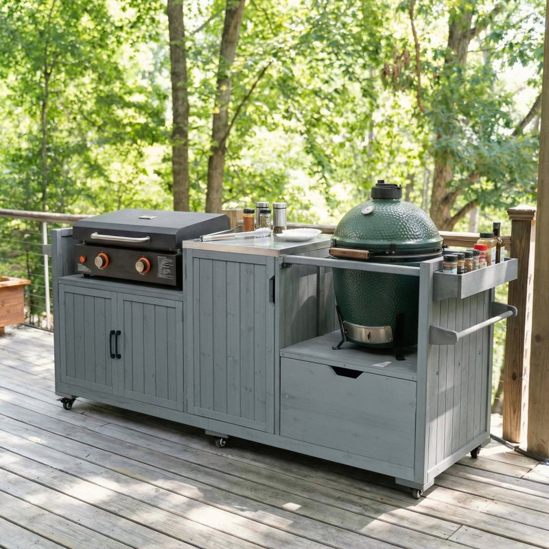 80.5" Outdoor Kitchen Island For Big Green Egg& Blackstone Griddle, Solid Wood Grill Cart Table With Stainless Steel Top, Drawer For Large Big Green Egg And 21"/28" Blackstone Griddle