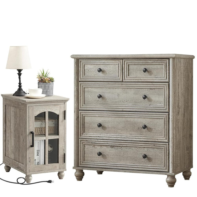 Ensemble de commode et table de chevet 5 tiroirs, mobilier de chambre en bois de ferme avec station de charge et colonne romaine pour la chambre à coucher, le salon et le couloir