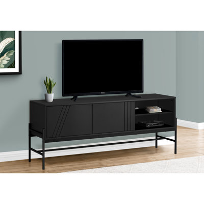 Console de 60 po pour meuble télé pour salon, métal stratifié noir, meuble de divertissement contemporain avec rangement et support de bureau central à tablette ouverte