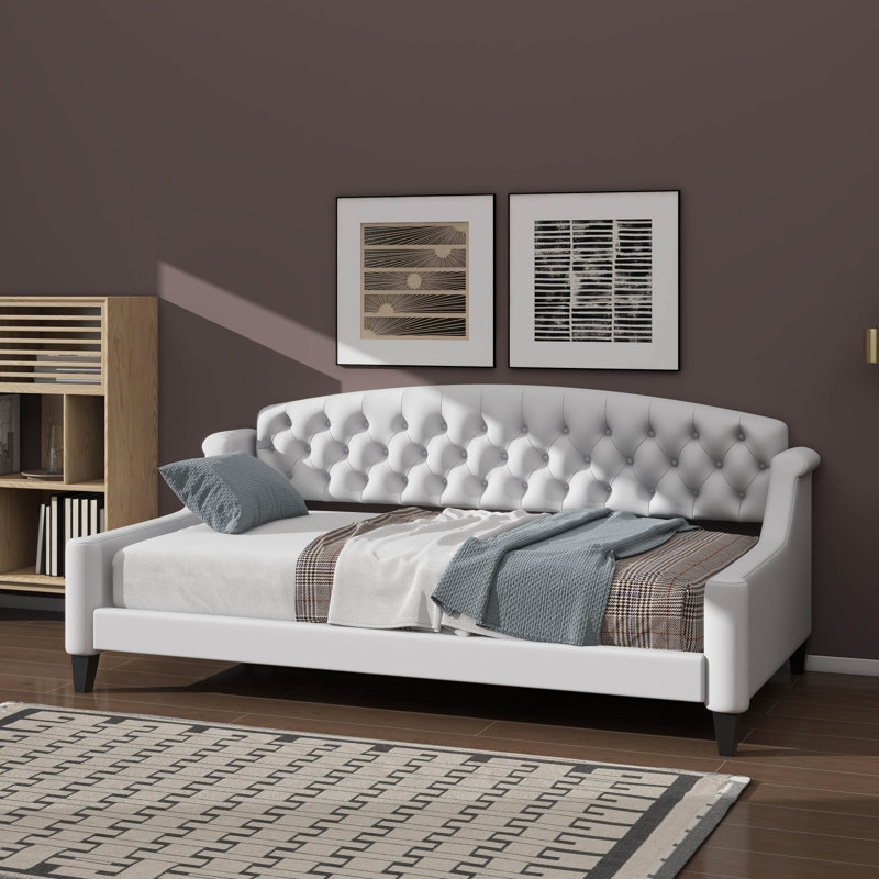 Elegant Modern Daybed Enhanced With Softly Tufted Button Details, Beige, Twin