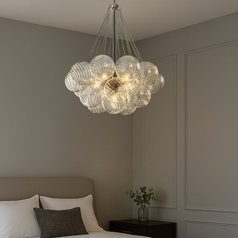 27'' Modern Glam Cluster Chandelier 6 Lights Pendant With Hand Blown Textured Glass Globes And Chrome Finish For Dining Room And Foyer