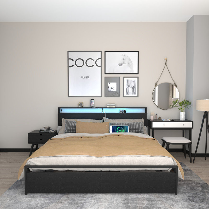 Lit plateforme très grand avec rangement moderne et tête de lit à DEL