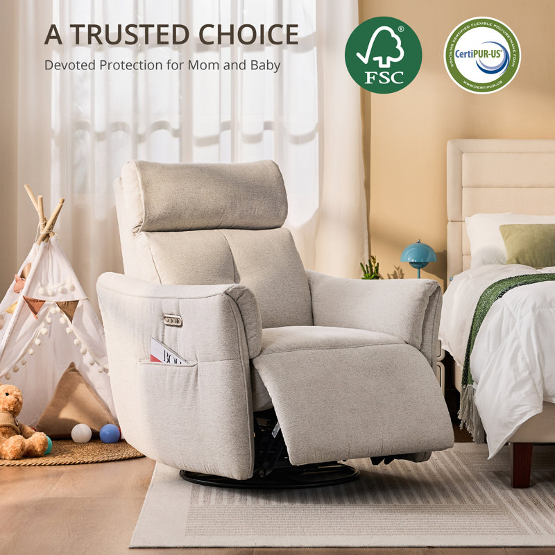 Dual Motor Swivel Glider Nursery Power Recliner With Adjustable Headrest, Rocking Recliner With Side Pockets And USB Charge