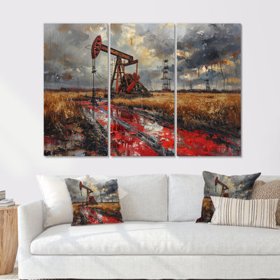 Red Winter Oil Fields Industrial Icon I - Oil Rigs / Fields Wall Art Set