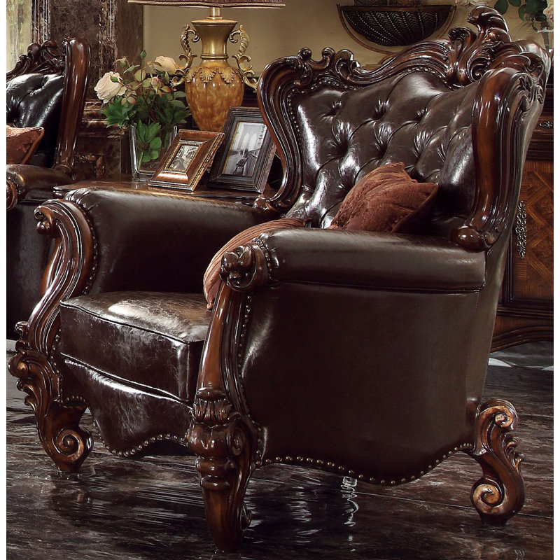 Versailles Dark Brown Faux Leather and Cherry Oak Chair with Pillows