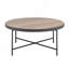 Table basse ronde avec plateau en bois et structure en métal gris chêne vieilli.