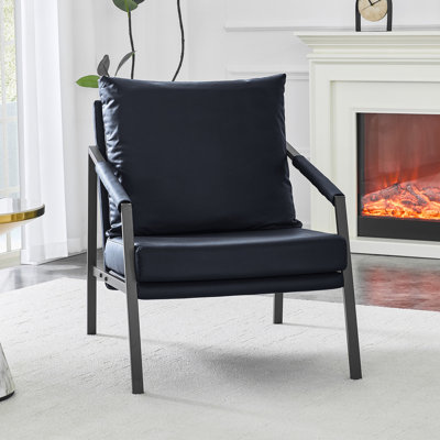Fauteuil d'appoint moderne en similicuir, fauteuil rembourré simple avec structure en métal noir robuste, fauteuil de lecture industriel pour le salon, la chambre, la salle d'attente et le bureau, noir