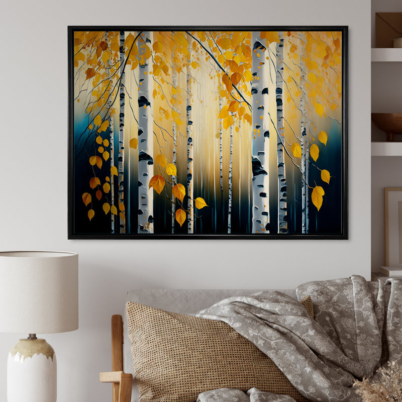 Into A Golden Birch Forest I - Paysage, art mural sur toile, Cadre flottant noir, H 16 po x l 32 po x P 1 po