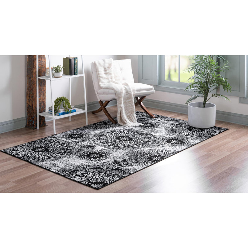 Brandt Floral Area Rug, Rectangle 2'2" x 3'1", Black/White