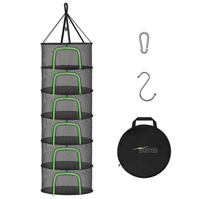 iPower 6-Layer 2-Feet Herb Drying Rack Hanging Mesh Net Dryer Collapsible with U-Shape Zippers, Pothook, Carabiner and Storage Pouch, for Hydroponics Flowers, Buds, Fruits, Seafoods, Clothes