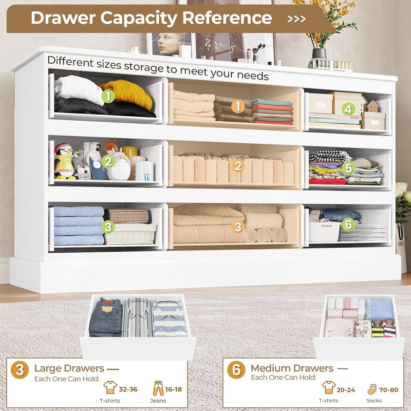 Commode de chambre moderne avec 9 tiroirs, commode avec rangement de grande capacité, commode longue, Blanc