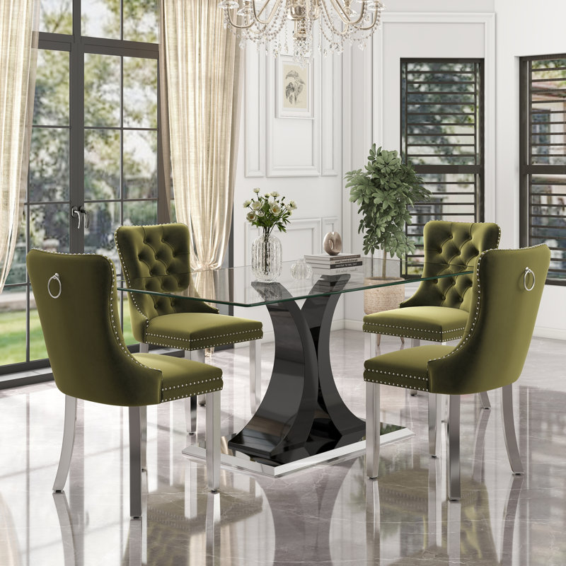 Ensemble de table de salle à manger rectangulaire en verre trempé, 5, Vert olive, Noir