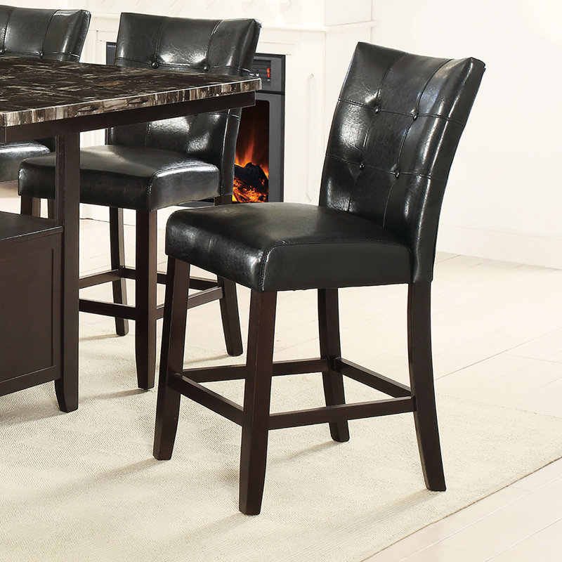 2 chaises de salle à manger en cuir noir, style haut, structure en bois, dossier à boutons, capacité de 250 lb, zone de revêtement en bois noir, salle de musculation en bois