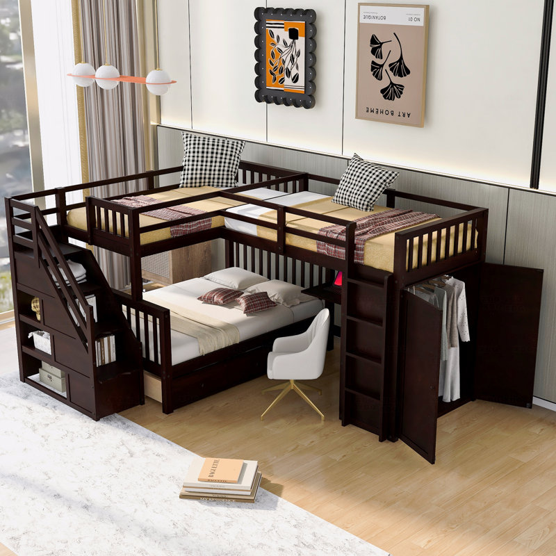 Structure de lit superposé simple en forme de L simple avec 3 tiroirs, bureau portable et rangement pour garde-robe intégré, espresso