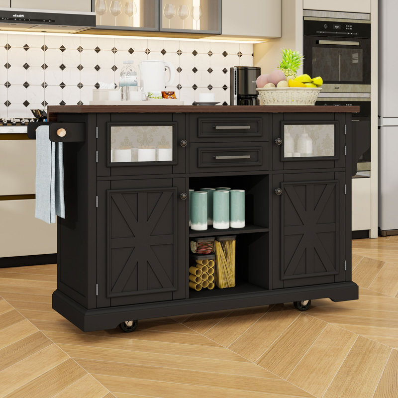 Îlot de cuisine roulant avec abattant, prise de courant, tablettes réglables et armoire de rangement, Noir