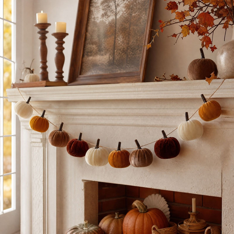 Décoration d'automne pour l'Action de grâce : Drapeau de citrouille en mousse, guirlande de citrouilles en mousse, décoration pour foyer et maison.