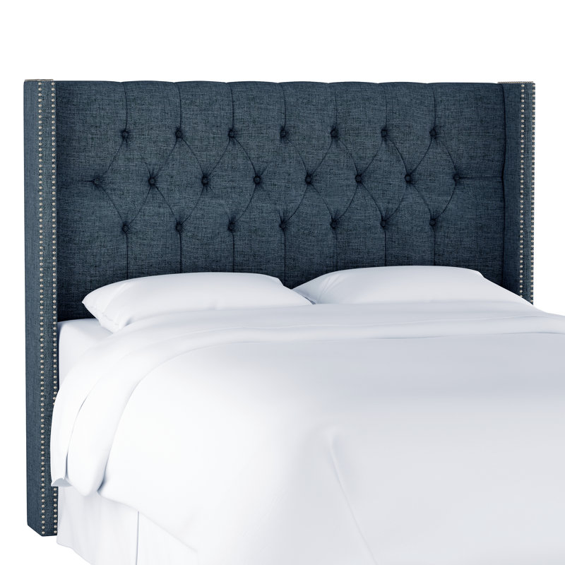 Tête de lit tapissier à oreilles Knighten, Très grand, Lin texturé bleu marine Zuma
