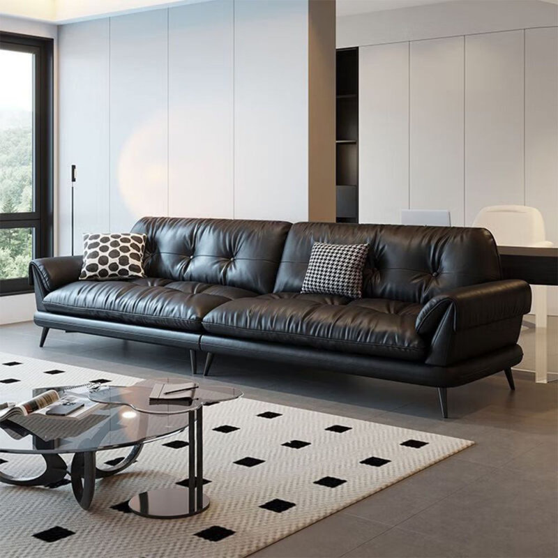 Canapé modulaire noir en cuir véritable