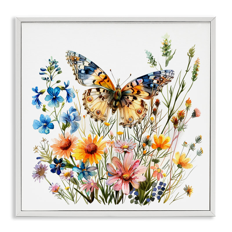 Spring Butterfly Garden Giclee Art by LSR Design Studio, 24'' H x 24'' W, Coastal White Framed Giclee