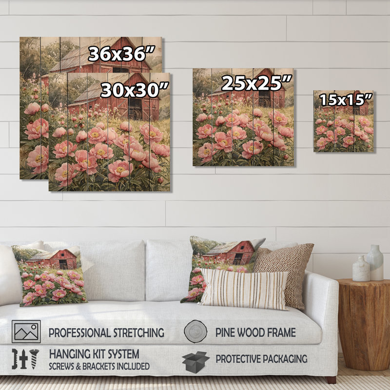 Pivoines par le tracteur Shed II - Décoration murale en bois de pivoines - sur bois de pin naturel