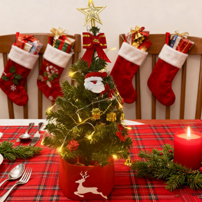 23.62 Inch Pre-Lit Tabletop Christmas Tree with Gold Star Topper, Red Bow, Red Tree Skirt and Other Ornaments, Holiday Home Decor and Gifts