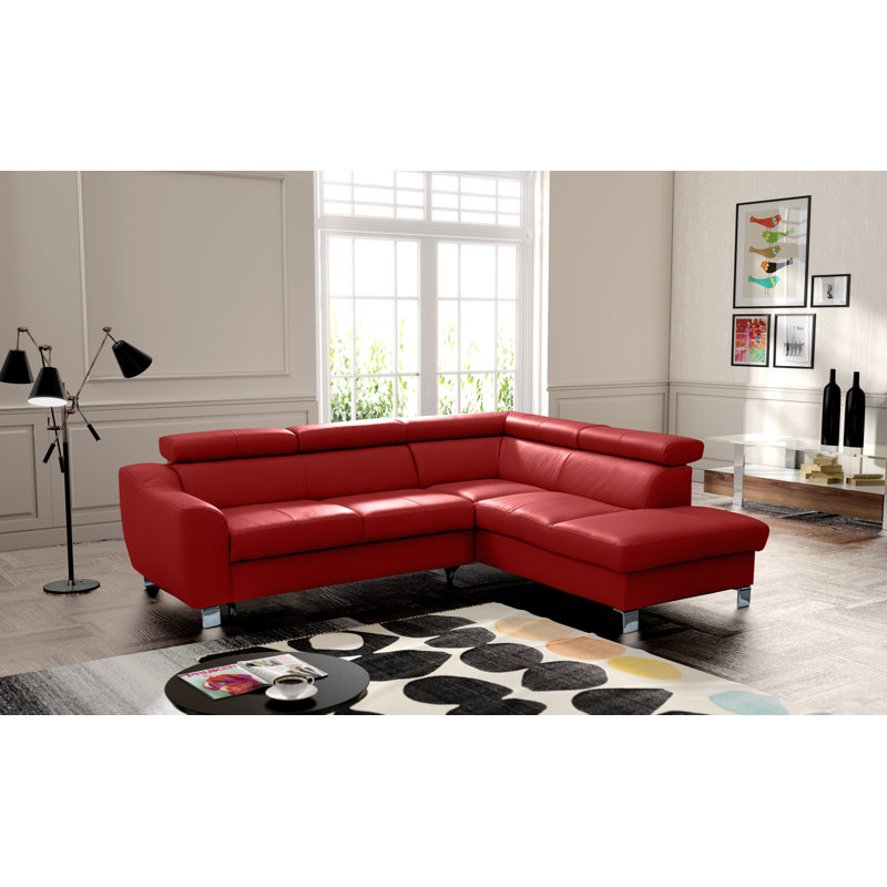 Aribel Faux Leather Corner Sofa with Sleeping Function and Storage Box with Adjustable Headrests , Red, Right Hand Facing