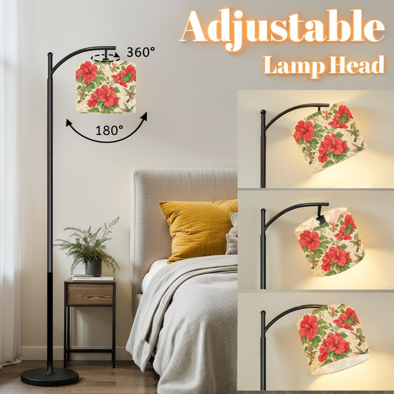 Arc Floor Lamp with Adjustable Lampshade Vintage Tropical Hibiscus Flowers Standing Lamp 3 Color Temperatures Dimmable Tall Pole Lamp with Foot Switch for Bedroom