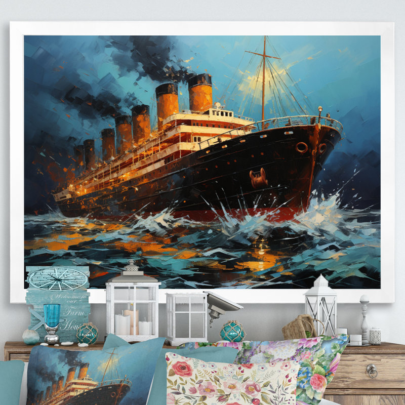 Boat Titanic Collage Interwoven II - Imprimé, Cadre simple blanc, H 16 po x l 32 po x P 1 po